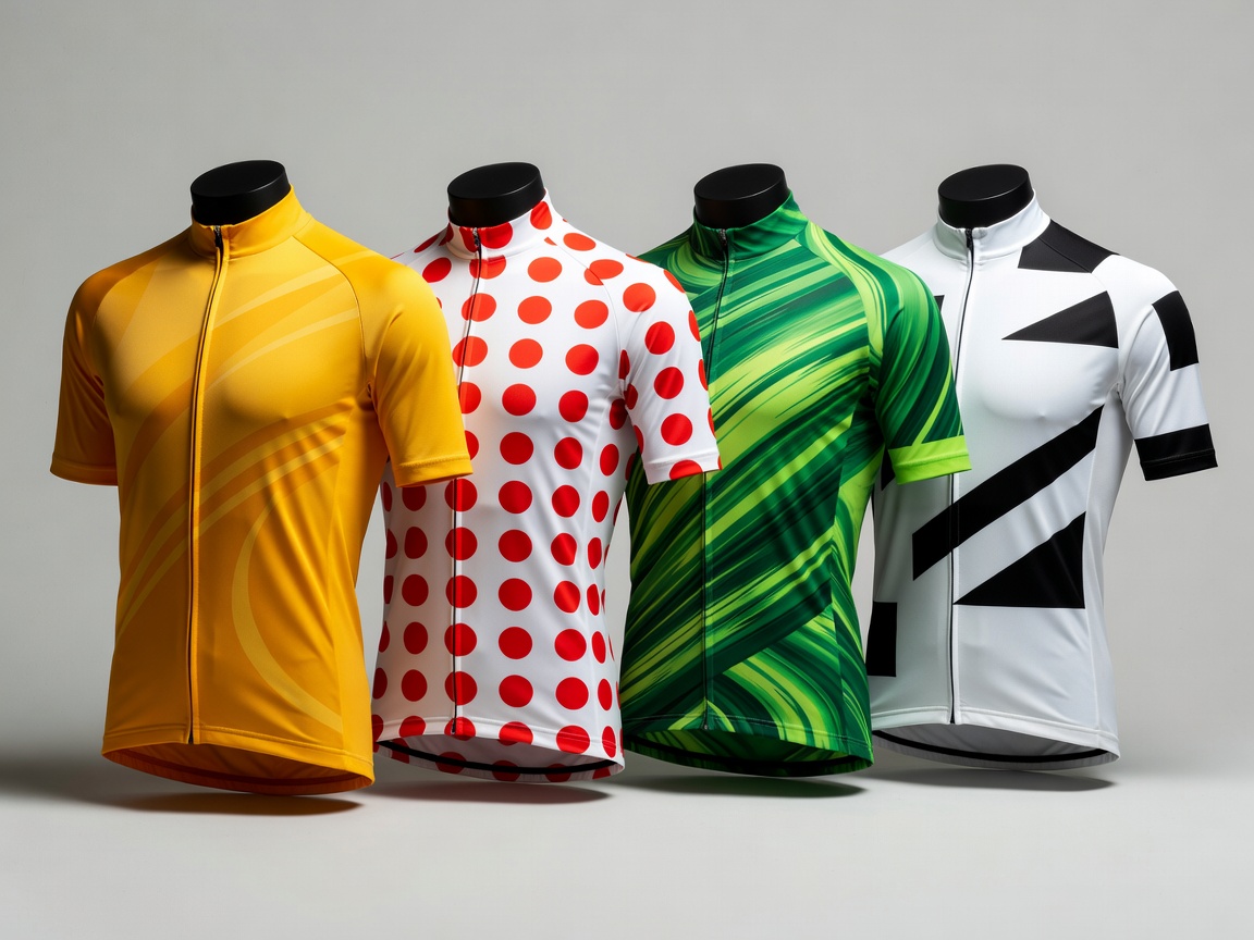 Abstract coloured cycling jerseys representing Grand Tour classifications