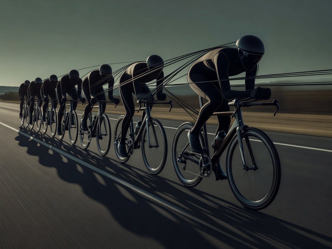 Abstract line of cyclists representing a team formation in a road race