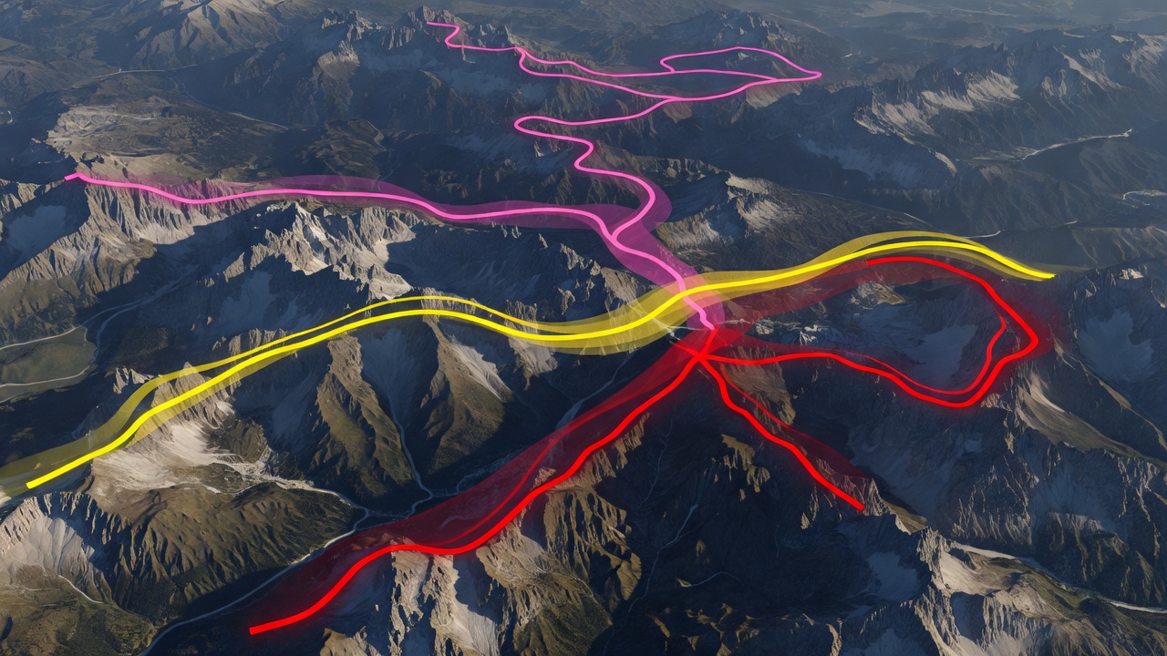 Abstract route lines crossing mountain terrain for the three Grand Tours