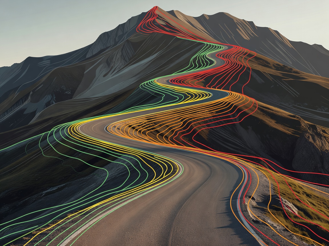 Abstract rising road and contour lines representing classified mountain climbs